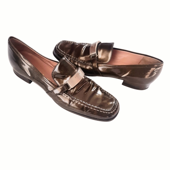 Vintage Y2K PRADA Patent Leather Square Toe Classic Loafers Sz 9.5/40 Dk Olive - Picture 4 of 10